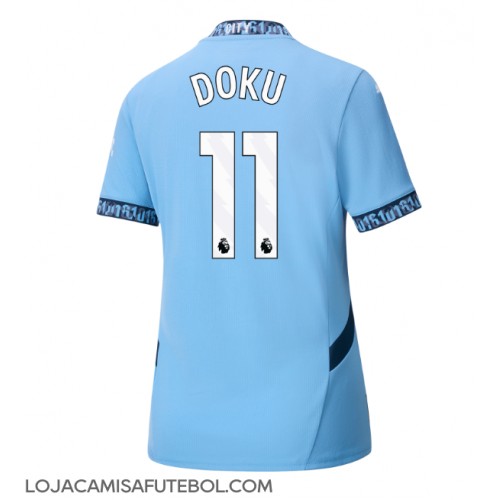 Camisa de Futebol Manchester City Jeremy Doku #11 Equipamento Principal Mulheres 2024-25 Manga Curta